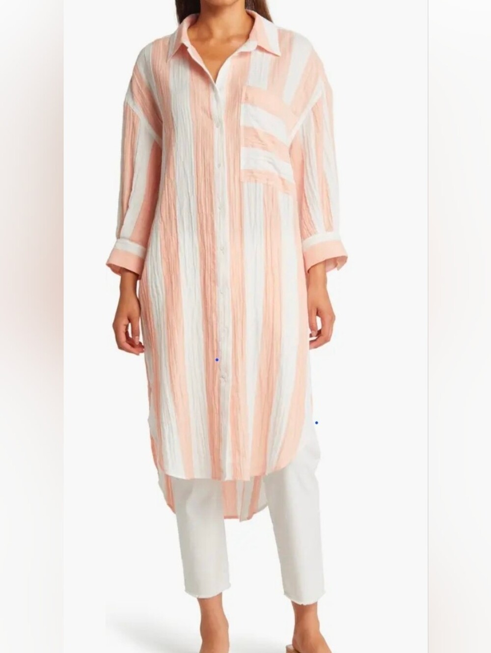 Vince Camuto Peach & White Oversized Button UP Tunic Shirt